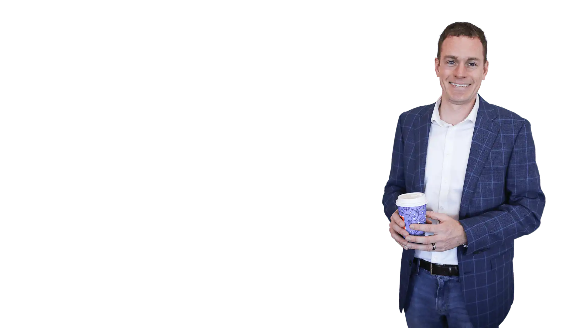 Dan Redford standing with cup of coffee